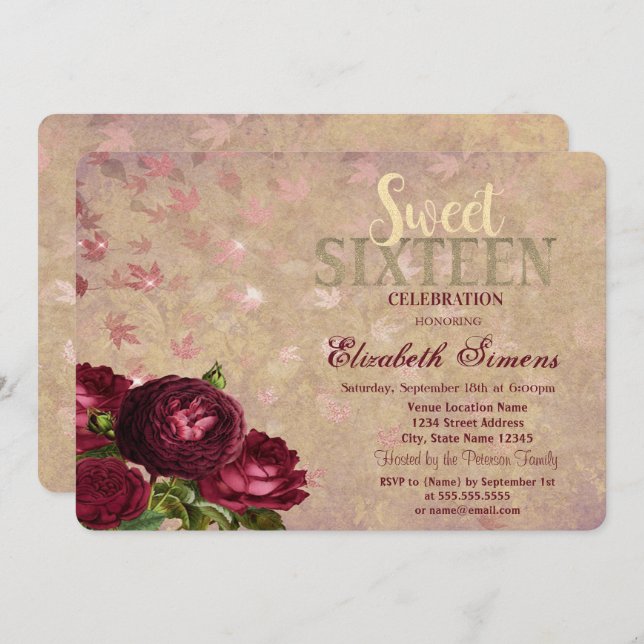 Elegant Red Roses Falling Leaves Sweet 16  Invitation (Front/Back)