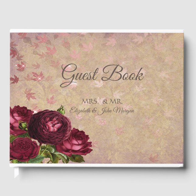 Elegant Red Roses Falling Leaves Wedding  Guest Book (Front)