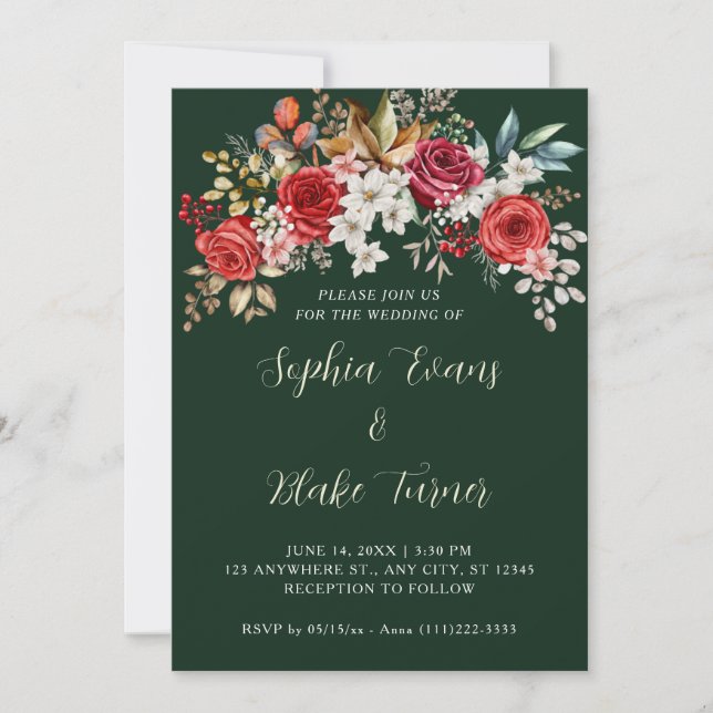 Elegant Red Roses Floral Dark Green Wedding Invitation (Front)