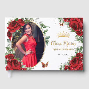 Elegant Red Roses Floral Gold Quinceanera Photo Guest Book