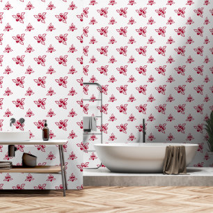 Elegant Red Roses Floral Line Art on White Wallpaper