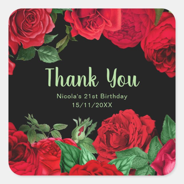 Elegant Red Roses Flowers Birthday Party Square Sticker (Front)
