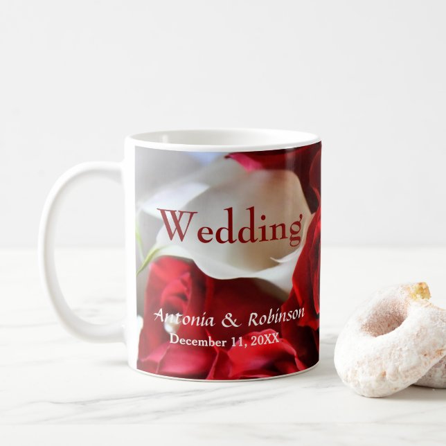 Elegant Red Roses Flowers Gold Accents Wedding Coffee Mug (With Donut)