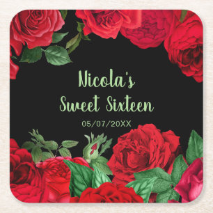 Elegant Red Roses Flowers Sweet Sixteen Square Paper Coaster