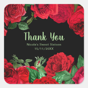 Elegant Red Roses Flowers Sweet Sixteen Square Sticker