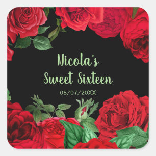 Elegant Red Roses Flowers Sweet Sixteen Square Sticker