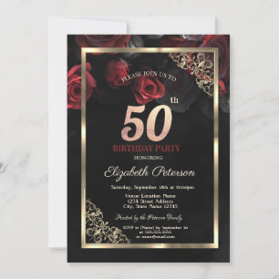 Elegant Red Roses Frame Black 50th Birthday  Invitation