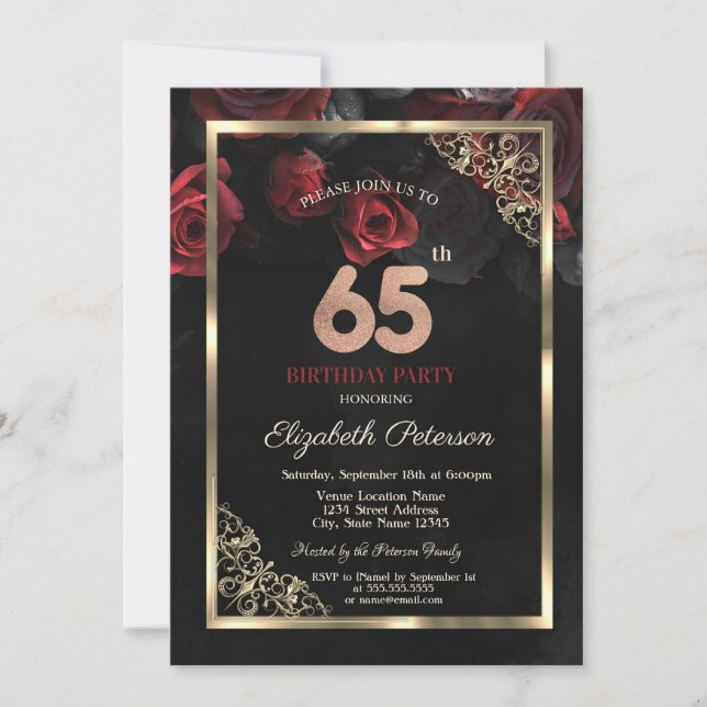 Elegant Red Roses Frame Black 65th Birthday  Invitation (Front)
