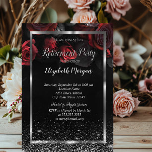 Elegant Red Roses Frame Confetti Retirement Invitation