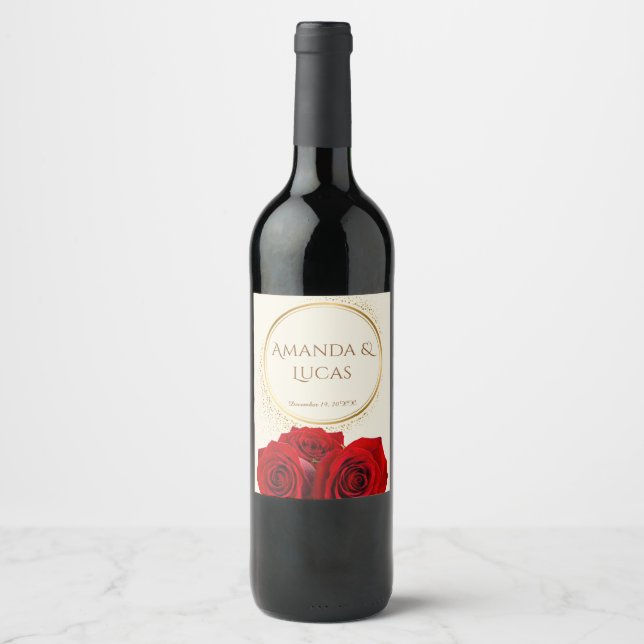 Elegant Red Roses Gold Frame Cream Wedding Wine Label (Front)
