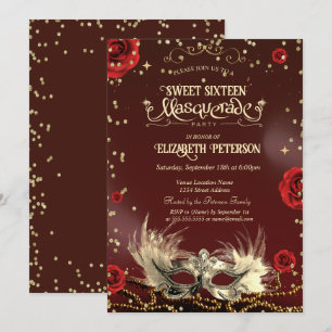 Elegant Red Roses Gold Masque Pearls Sweet 16   Invitation