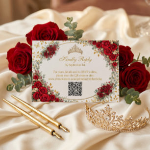  Elegant Red Roses Golden Butterflies Quinceañera RSVP Card