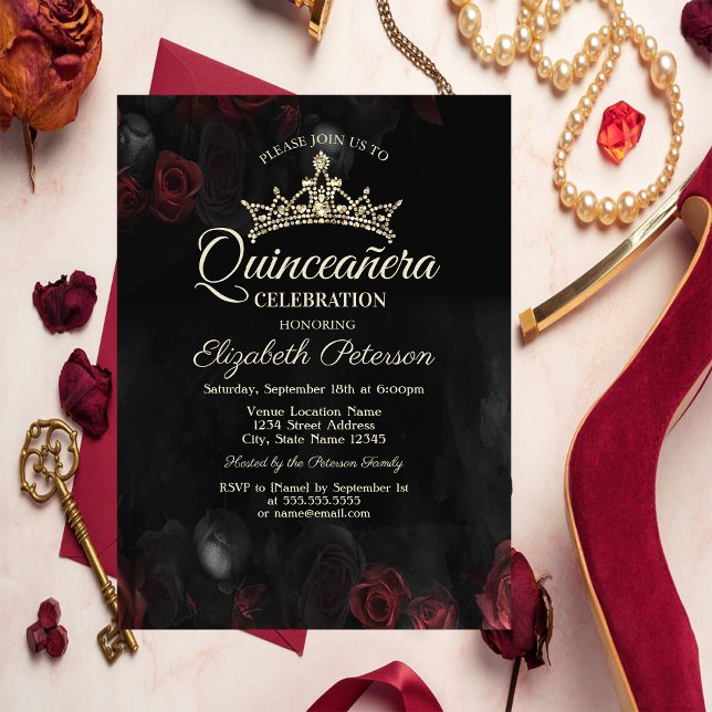 Elegant Red Roses Gothic Quinceañera  Invitation (Creator Uploaded)
