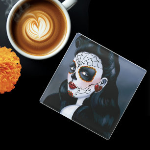 Elegant Red Roses Gothic Sugar Skull Woman Glass Coaster