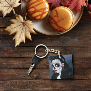 Elegant Red Roses Gothic Sugar Skull Woman Keychain
