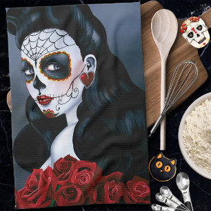 Elegant Red Roses Gothic Sugar Skull Woman Kitchen Towel