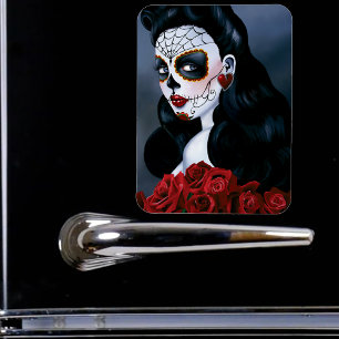 Elegant Red Roses Gothic Sugar Skull Woman Magnet
