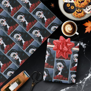 Elegant Red Roses Gothic Sugar Skull Woman Wrapping Paper