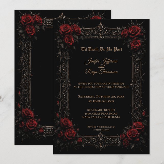 Elegant red roses Gothic wedding Invitation (Front/Back)