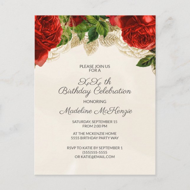 Elegant Red Roses on Champagne Birthday Invitation Postcard (Front)