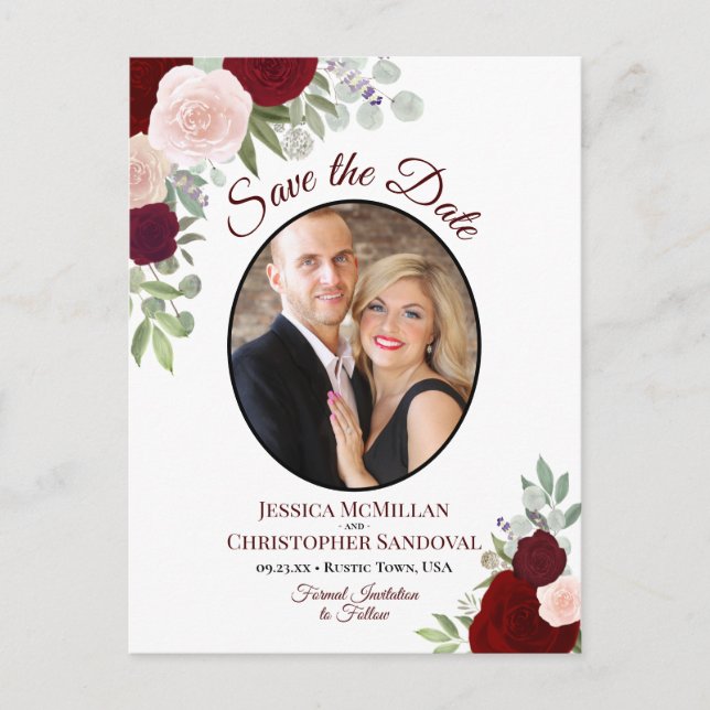 Elegant Red Roses & Photo Wedding Save the Date Announcement Postcard (Front)