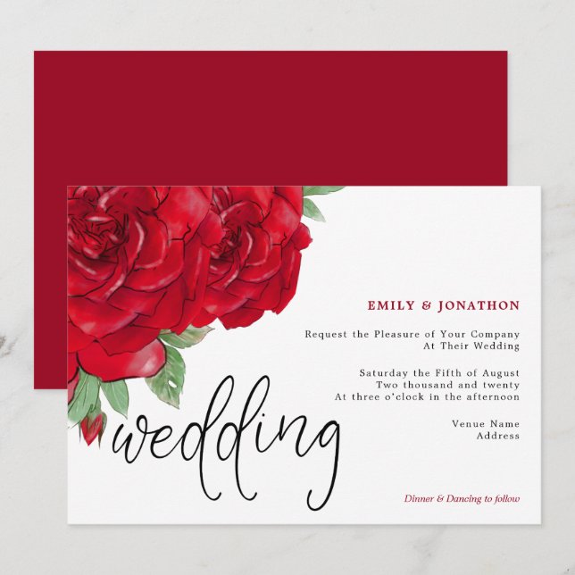 Elegant Red Roses Script Typography Wedding Invitation (Front/Back)