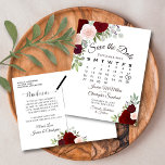 Elegant Red Roses Wedding Save the Date Calendar Announcement Postcard<br><div class="desc">This rustic wedding Save the Date postcard features an elegant watercolor floral design with beautiful hand painted roses in shades of burgundy, red, and blush pink. There is a customizable calendar showing the month of your wedding with a heart around your special day. Fashionable, bohemian, and chic, this card is...</div>