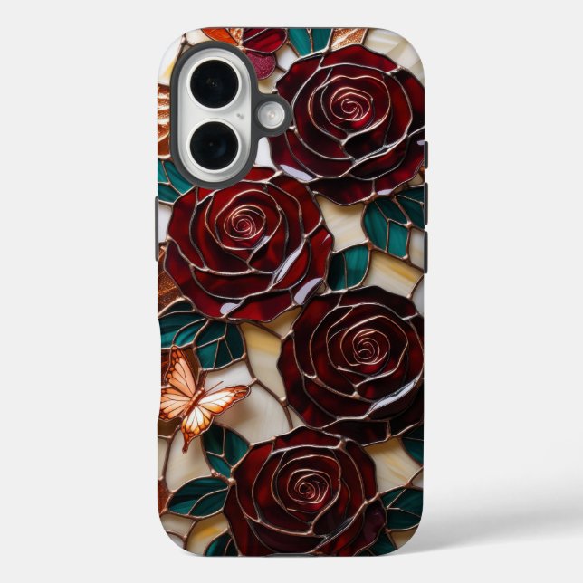 Elegant Red Roses with Butterflies in Stained Glas Case-Mate iPhone Case (Back)