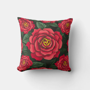 Elegant Red Roses with Lush Green Leaves Pattern Throw Pillow