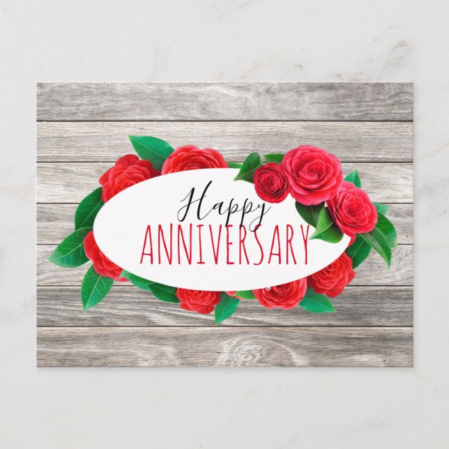 Elegant Red Roses Wreath on Wood Happy Anniversary Postcard (Front)