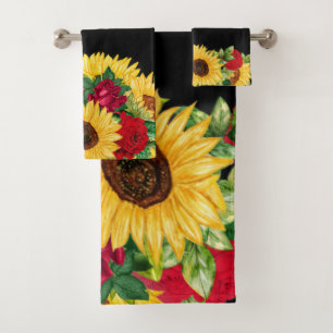 Elegant Red Roses Yellow Sunflowers Black   Bath Towel Set