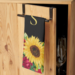 Elegant Red Roses Yellow Sunflowers Black Monogram Kitchen Towel