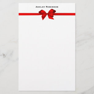 Elegant Red Satin Bow on White Stationery