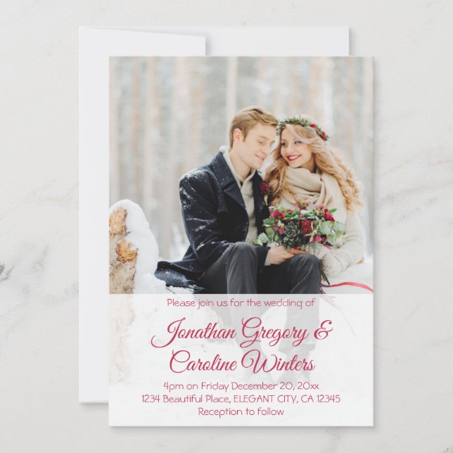 Elegant red script 2 photo winter wedding  invitation (Front)