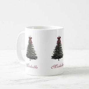 Elegant Red Script Bow Watercolor Christmas Tree Coffee Mug