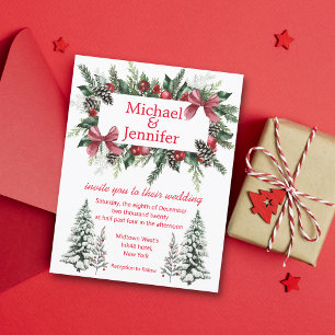 elegant red script christmas greenery wedding  invitation