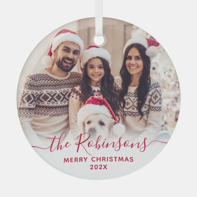 Elegant Red Script Family Photo Merry Christmas   Glass Ornament (Front)