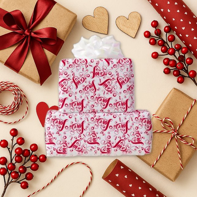 Elegant Red Script Love Holiday Wrapping Paper (Creator Uploaded)