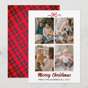 Elegant Red Script Merry Christmas 4 Photo Collage Holiday Card