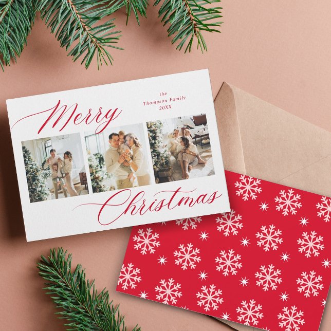 Elegant Red Script Merry Christmas Photo Collage Holiday Card (Creator Uploaded)