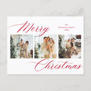 Elegant Red Script Merry Christmas Photo Collage Holiday Postcard