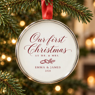 Elegant Red Script Newlywed First Christmas Metal Ornament