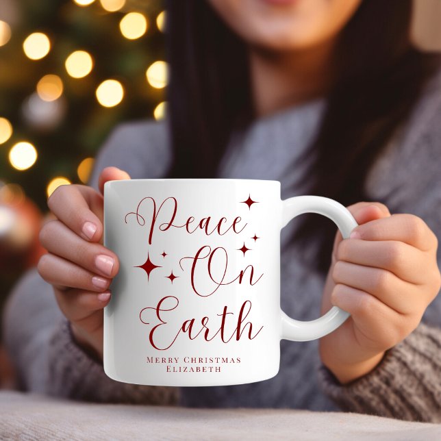 Elegant Red Script Peace On Earth Merry Christmas  Mug (Creator Uploaded)
