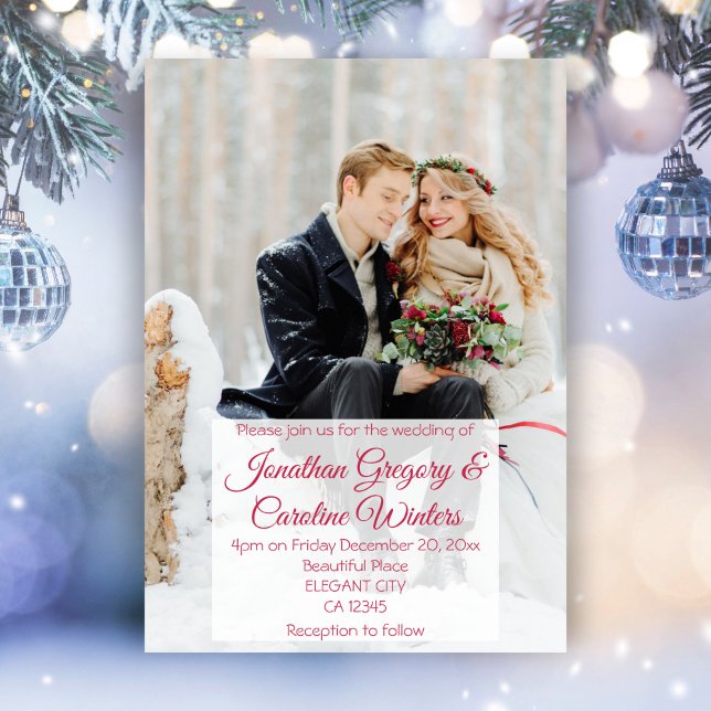 Elegant red script photo Christmas winter wedding  Invitation (Creator Uploaded)