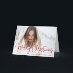 Elegant Red Script Photo Merry Christmas Holiday Card<br><div class="desc">Send out holiday cheer with this modern folded Christmas card featuring a simple design with the words "Merry Christmas" in an elegant thin red script, along with your family name and year over your favourite horizontal photo. Add your personal message to the inside or delete the text if you want...</div>