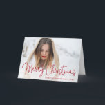 Elegant Red Script Photo Merry Christmas Holiday Card<br><div class="desc">Send out holiday cheer with this modern folded Christmas card featuring a simple design with the words "Merry Christmas" in an elegant thin red script, along with your family name and year over your favourite horizontal photo. Add your personal message to the inside or delete the text if you want...</div>