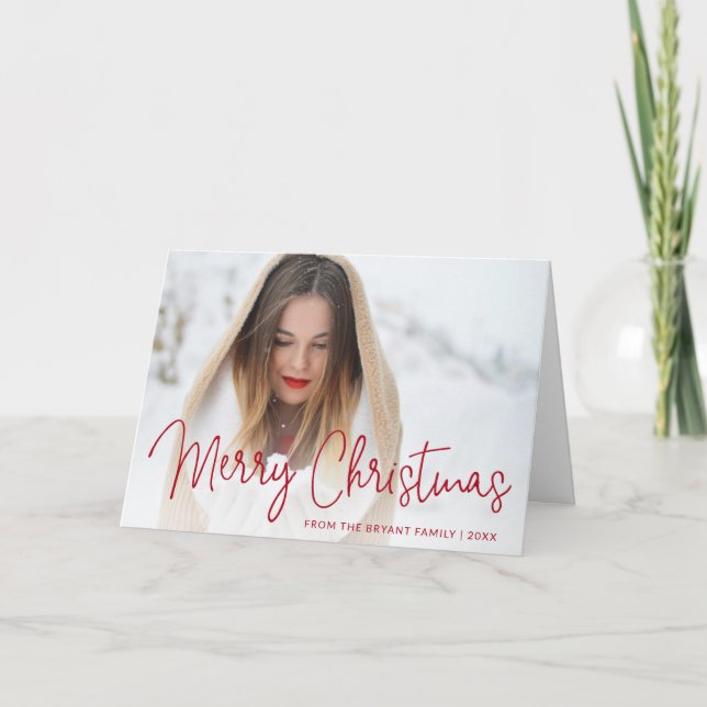 Elegant Red Script Photo Merry Christmas Holiday Card (Front)