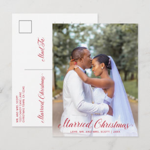Elegant Red Script Photo Modern Newylwed Christmas Holiday Postcard