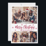 Elegant Red Script Snowflake 4 Photo Christmas  Holiday Card<br><div class="desc">Elegant, Modern Red Script 4 Photo Collage Christmas Holiday Card. This festive, mimimalist, four (4) photo card template features a pretty photo collage, some snowflake and says Merry Christmas! The „Merry Christmas” greeting text is written in a beautiful whimsical hand lettered brush calligraphy (or typography) font script in red on...</div>