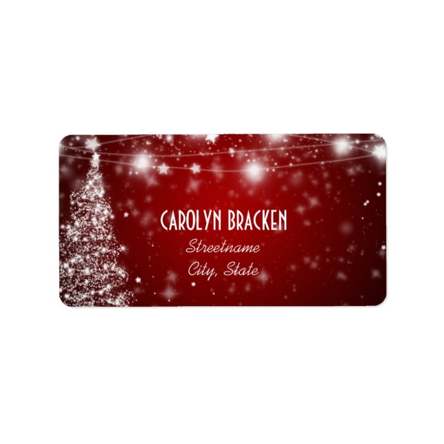 Elegant Red Shimmering Stars Christmas Tree Label (Front)